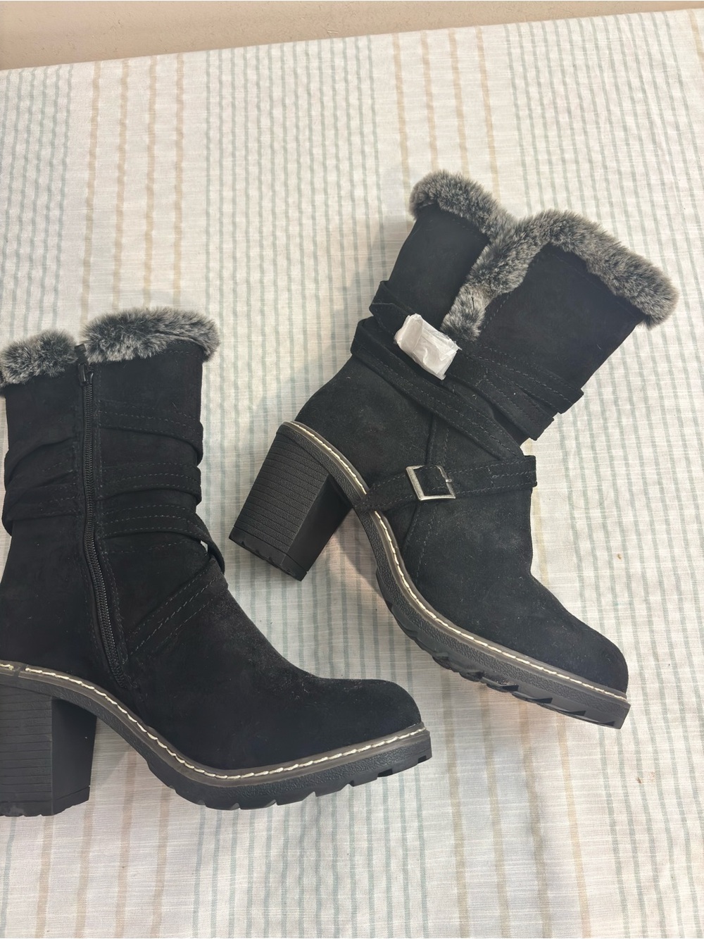 VENUS Black Faux Fur Trim Block Heel Mid-Calf Boots